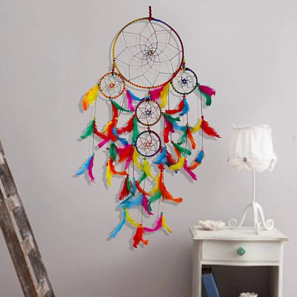 Handmade dreamcatcher wall art, featuring a multicolored weaving and feathers