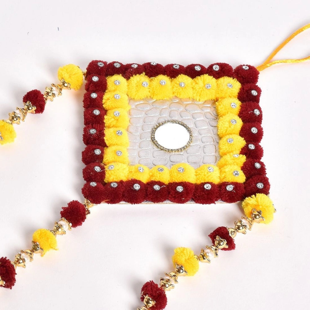 Yellow and red handmade wall art with gold chain