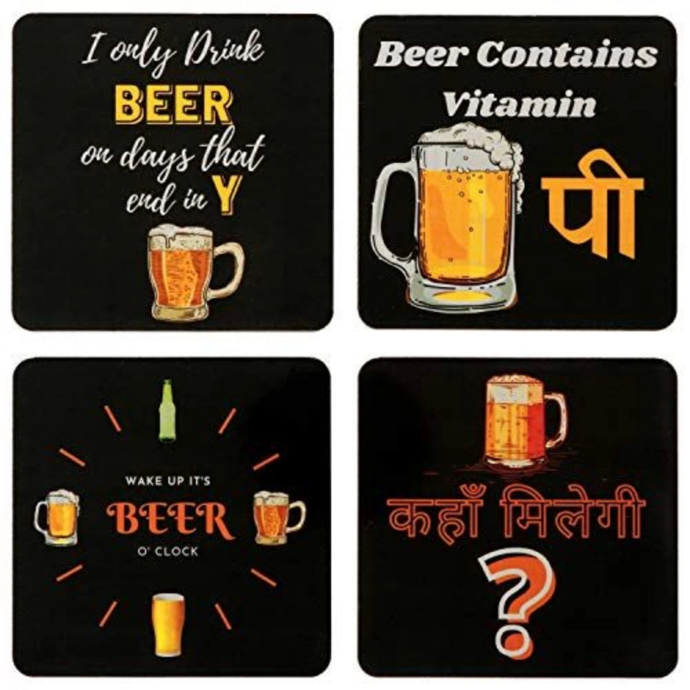 Wooden coasters set of 4, each with a humorous beer or coffee quote and an illustration of a mug