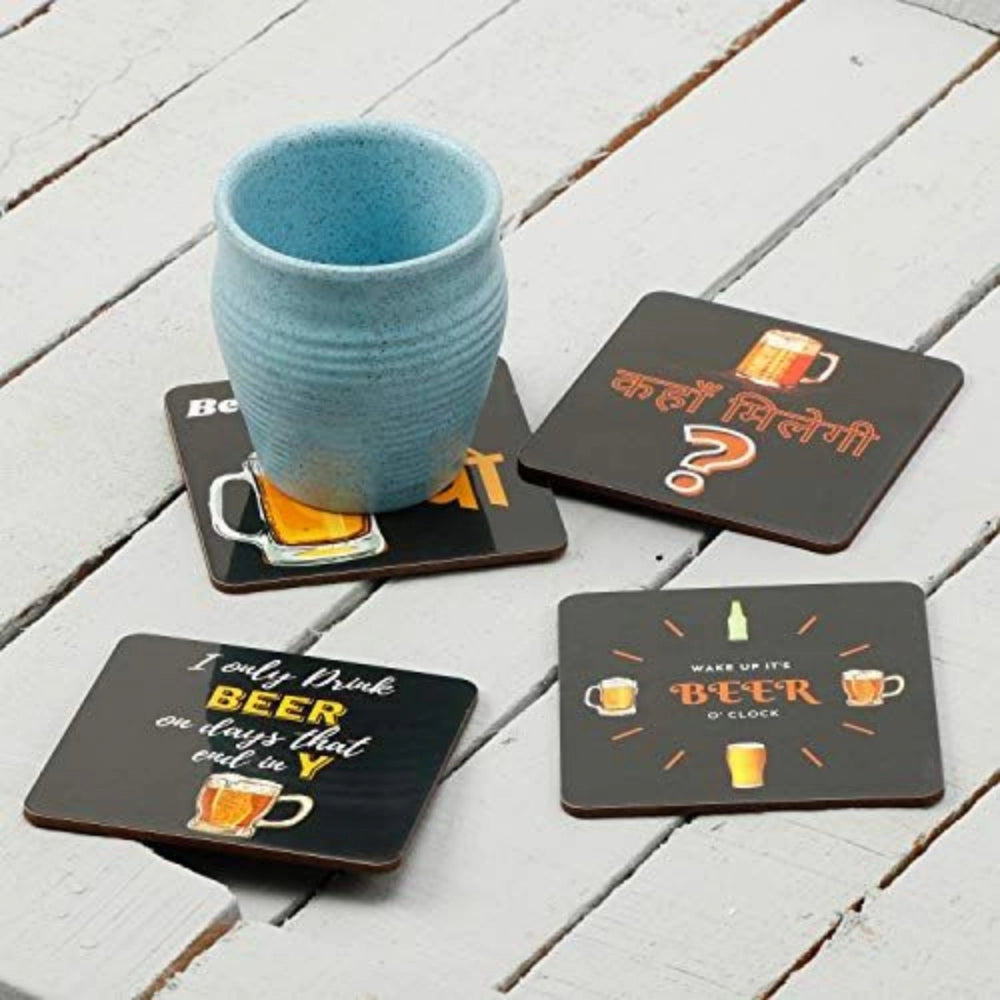 Set of four wooden coasters with beer and tea themes