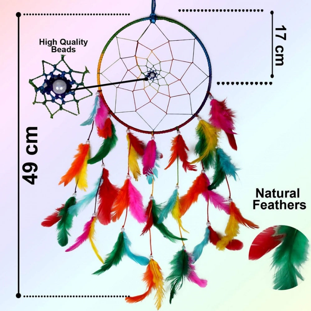 Dreamcatcher handmade wall art, features feathers and natural materials, dimensions 17 x 48cm