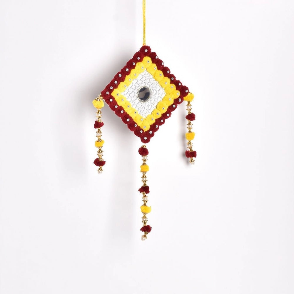 Handcrafted yellow and red beaded wall art with tassel