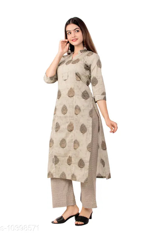 Beige printed cotton kurta palazzo set for women, three-quarter sleeves, Indian-inspired design