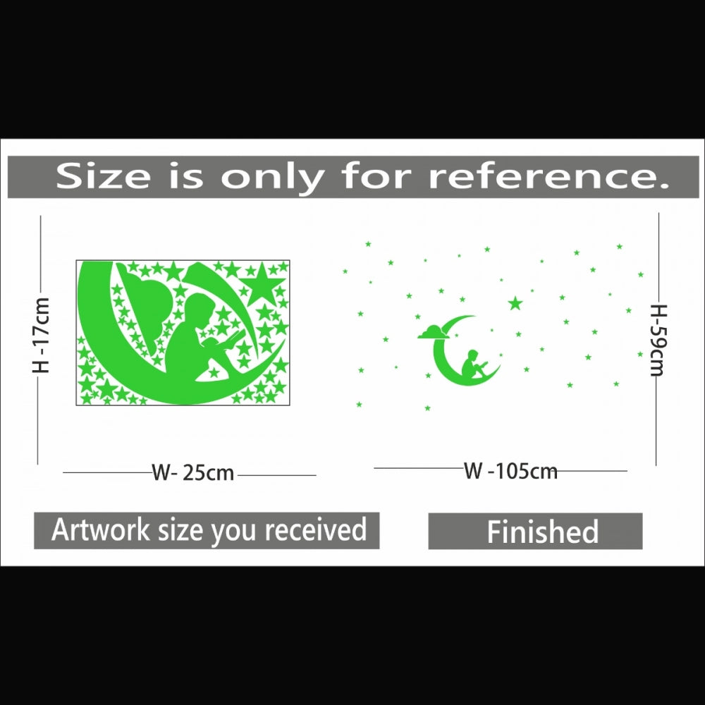 Green galaxy vinyl wall sticker with moon radium, peel-and-stick decor for calming bedroom ambiance, 105x59cm