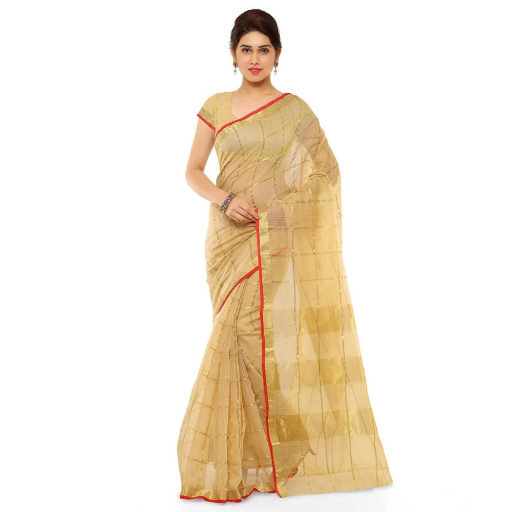Chikoo Kota Doria Cotton saree with blouse (6-3 Mtrs), vibrant stripes for casual, festive wear