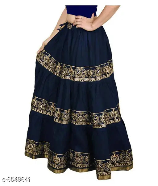 Navy blue, paisley trimmed skirt with slits