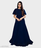 Blue embellished net rayon gown for women, available in sizes S, M, L, XL, XXL. Handcrafted garment originating from India