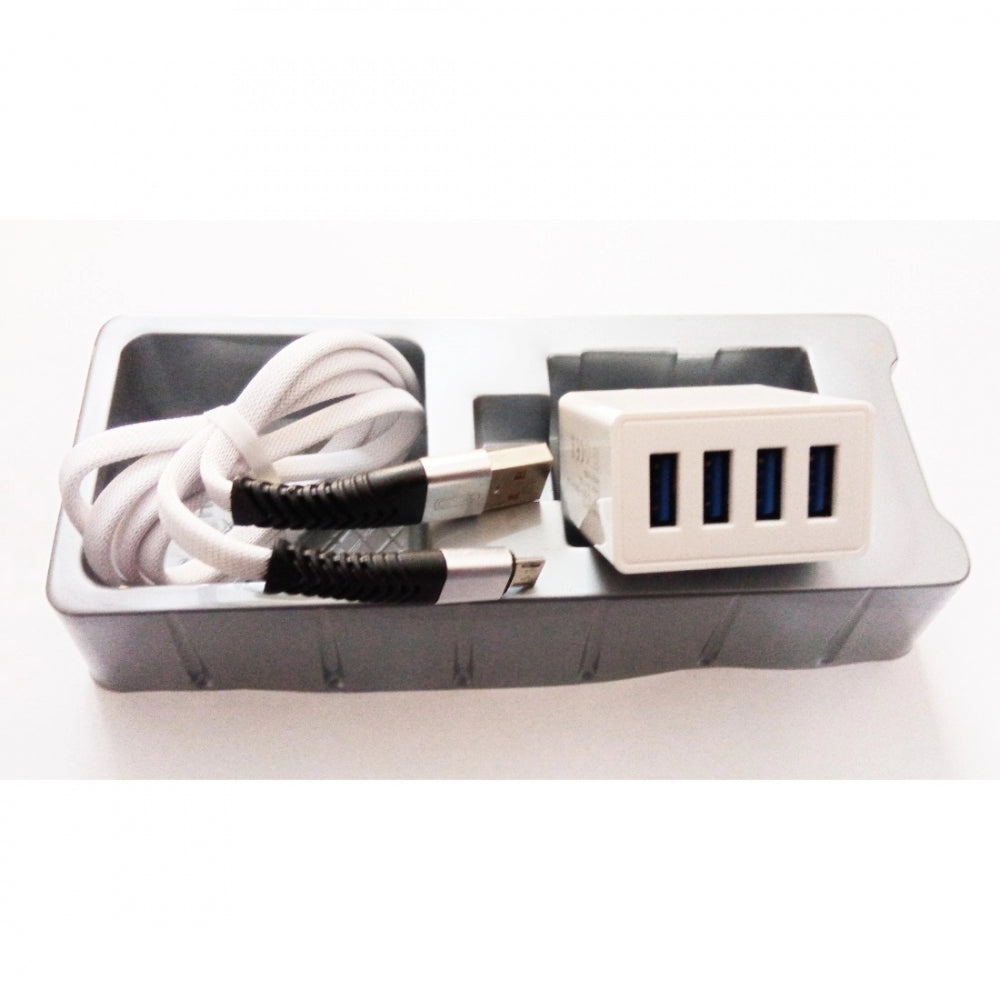 Blue and gray USB charger with power adapter, cable, and box