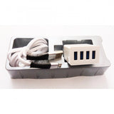 Blue and gray USB charger with power adapter, cable, and box