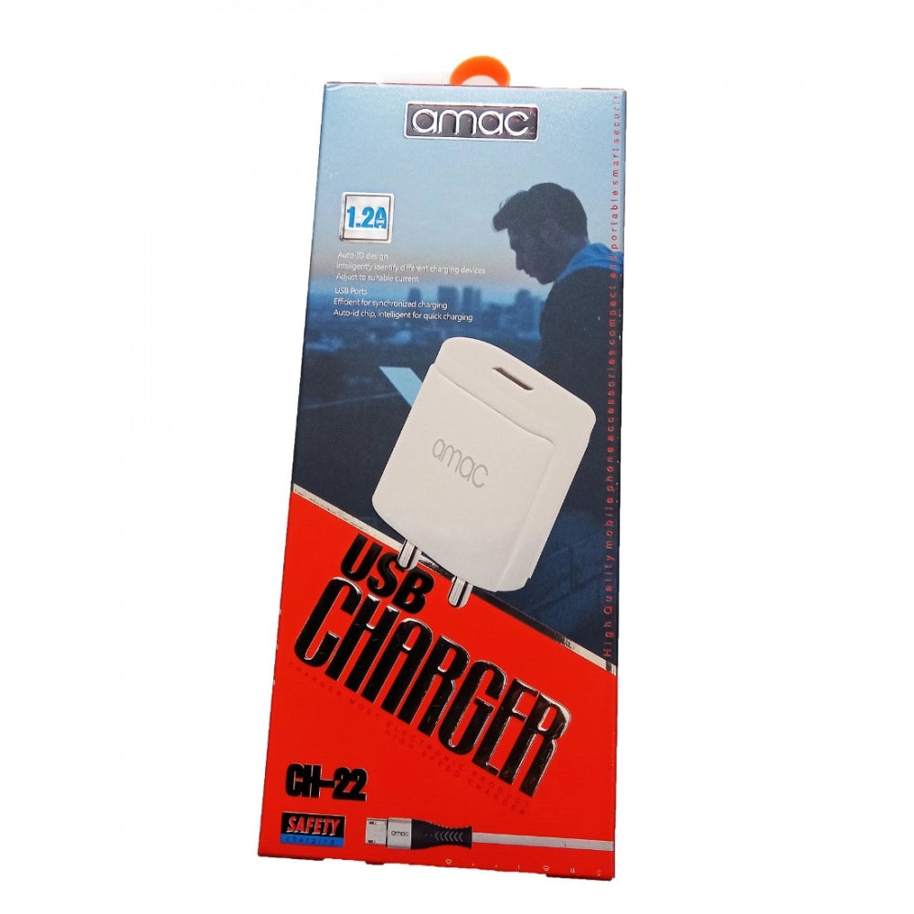 USB charger with red logo, branded Amac, 1.2A capacity, 4 ports, and white color