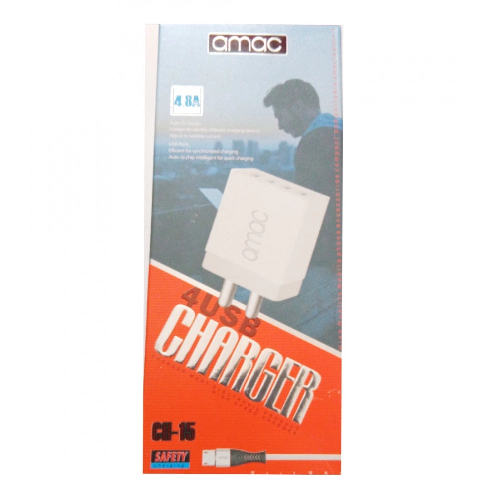 Brand name Amac, USB charger with 4 ports, power adapter type CH-15, model number CG-4USB-ASSORTED