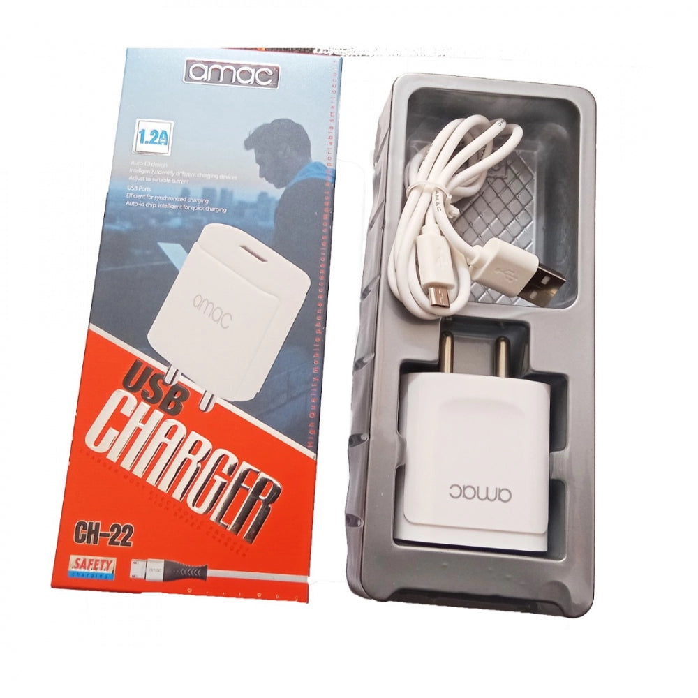 Amac 1.2A USB charger, CH-22 model, packaged in a box with a coiled cable and plug inside
