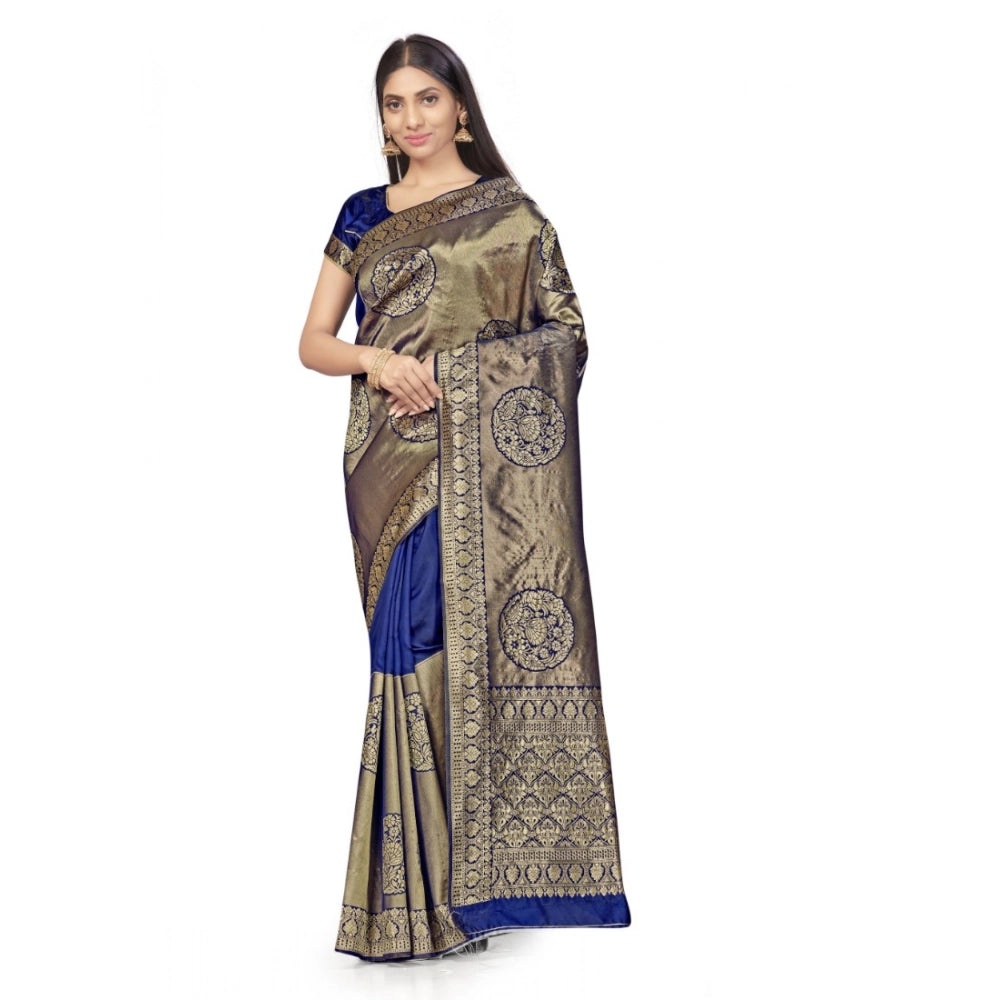 Navy Blue Banarasi Silk Saree (5-6 Mtrs), traditional weaving for casual or festive wear on model