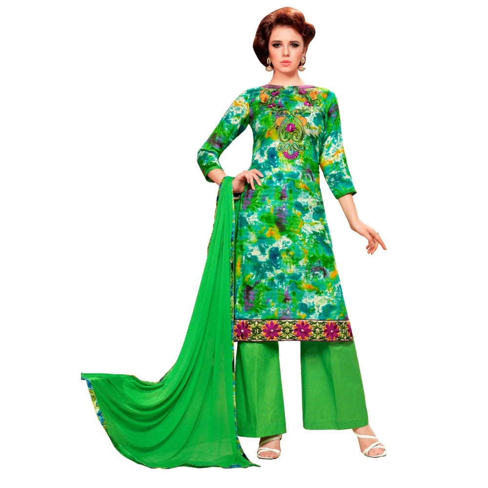 Green & multi glaze cotton unstitched salwar suit with dupatta, perfect for party and festive occasions