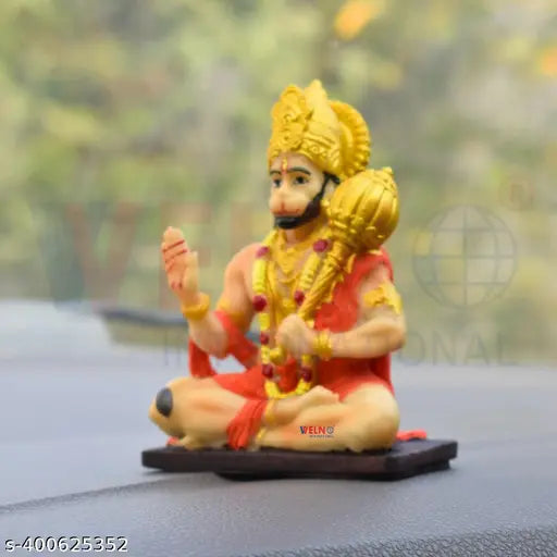 Hanuman ji Murti, compact religious idol for car dashboard, desk, or home decor, Made in India, size: 10.2 x 7.5 x 4 cm, 200g