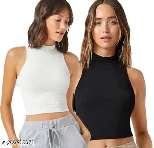 Black and white solid ribbed crop tank top set for women and girls, cotton sleeveless casual style in various sizes (XS-XL)