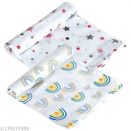 Pink Star & Rainbow organic muslin swaddlers (2pcs), soft cotton for newborns, premium quality, cozy & versatile
