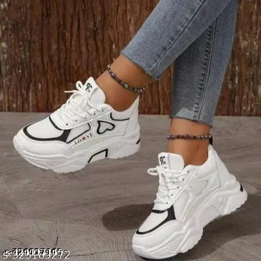 Black & White synthetic leather casual sneakers with lace-up fastening and printed pattern, comfortable and durable for women's footwear