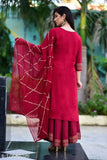 Red printed kurta set with sharara, churi embellishments, party wear