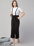 Black polyester dungaree with white t-shirt for women, solid pattern, short sleeves, Indian origin (M: 36in bust/36in length/28in waist; L: 38in bust/36in length/30in waist)
