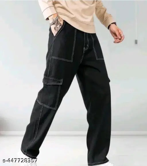 Cargo pants, blue denim, side pockets