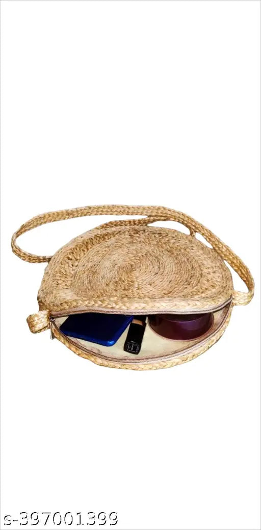Eco-friendly, stylish women's jute sling bag with shoulder strap and pocket