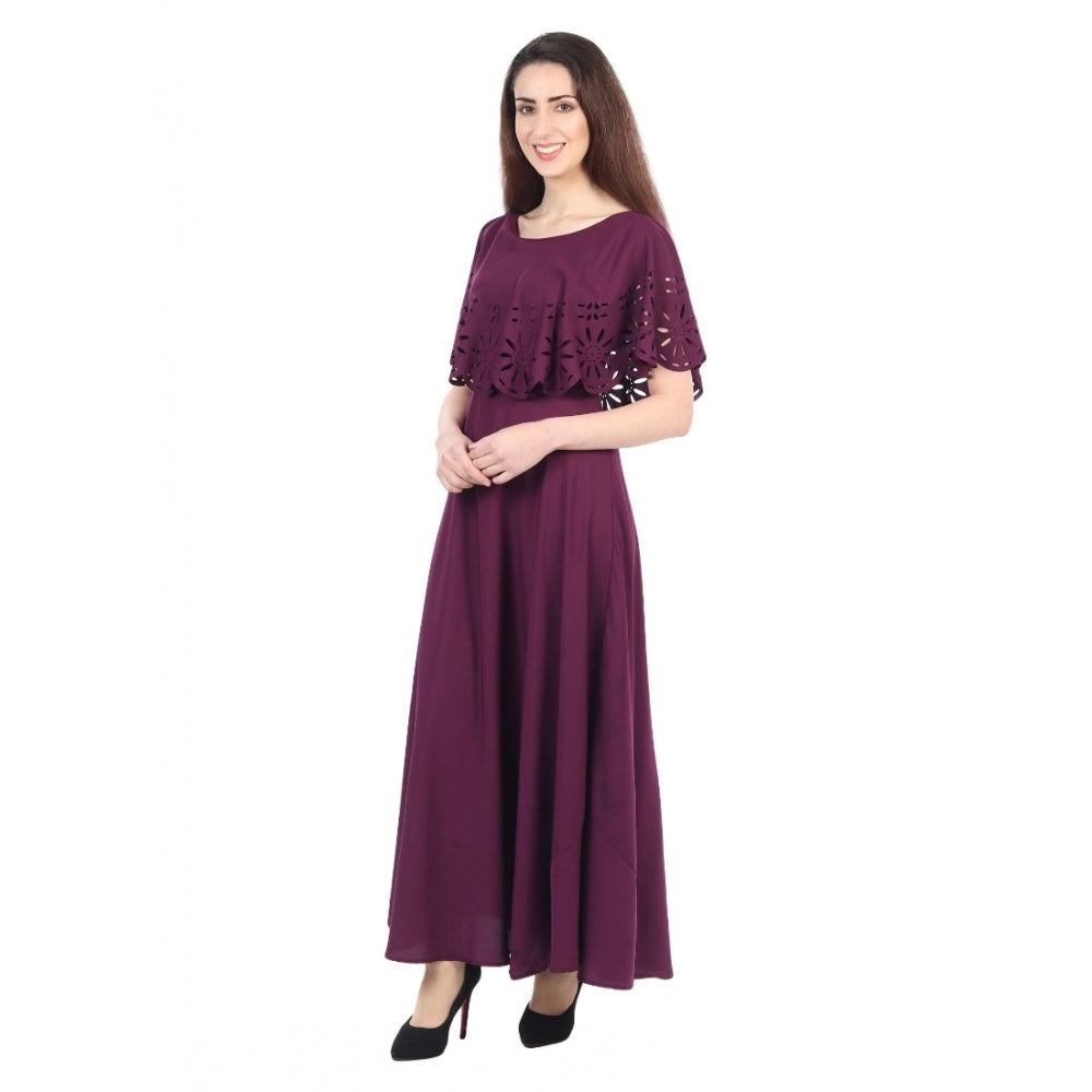 Maroon crepe sleeveless full-length gown for women, solid design on a formal backdrop