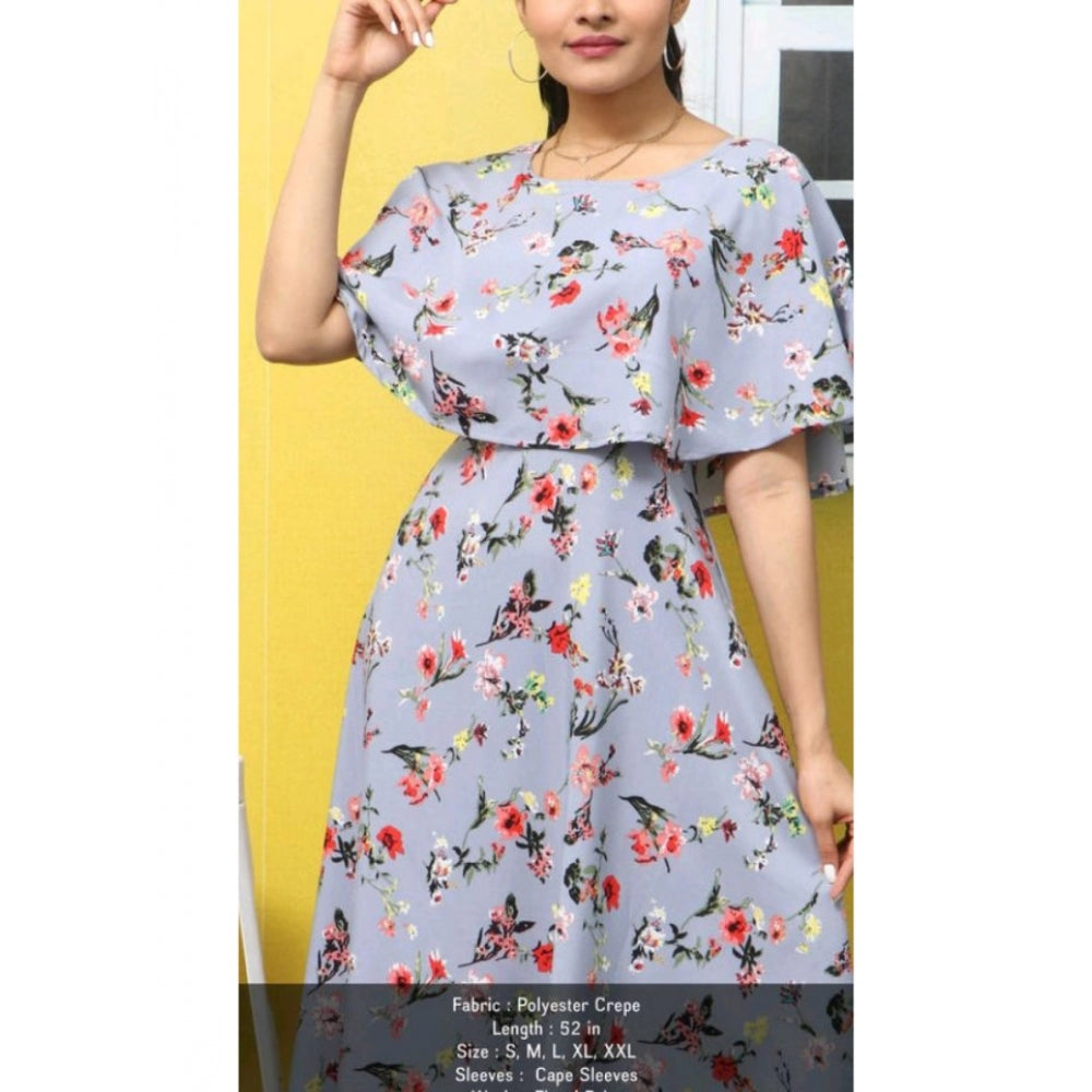 Light grey crepe floral women's full-length gown with half sleeves