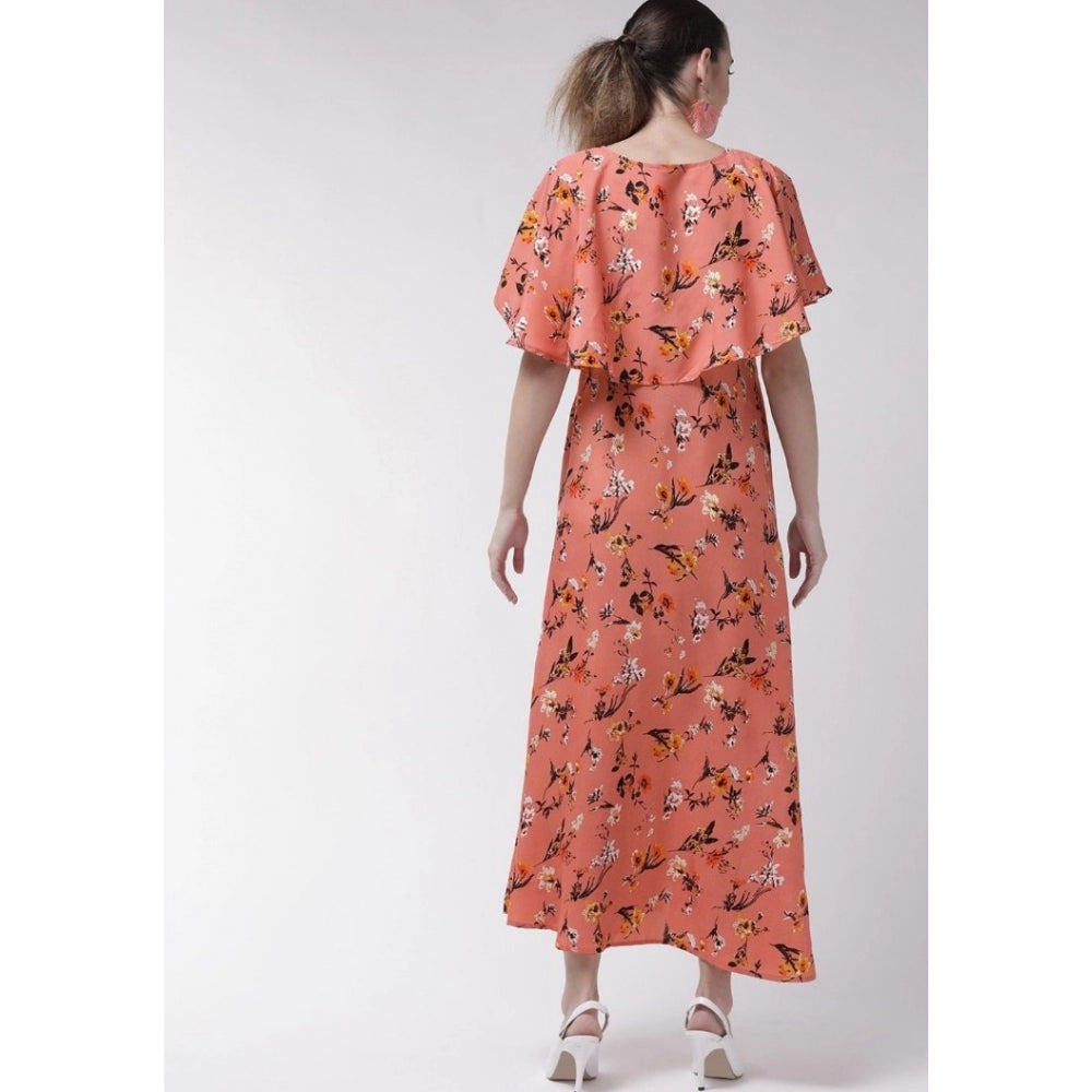 Orange crepe floral women's full length dress, half sleeves
