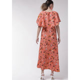 Orange crepe floral women's full length dress, half sleeves