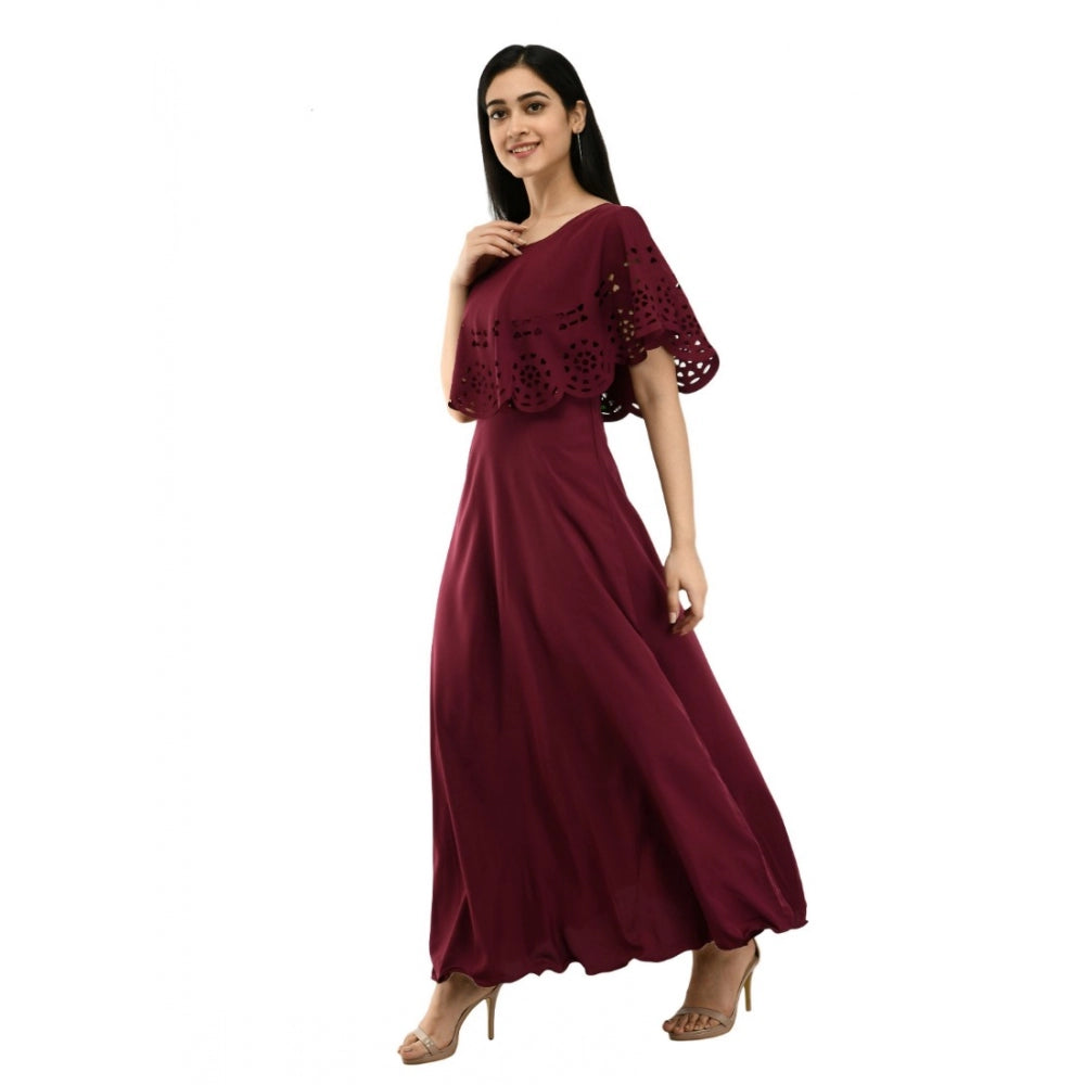 Burgundy crepe material sleeveless full length dress womens formal wear
