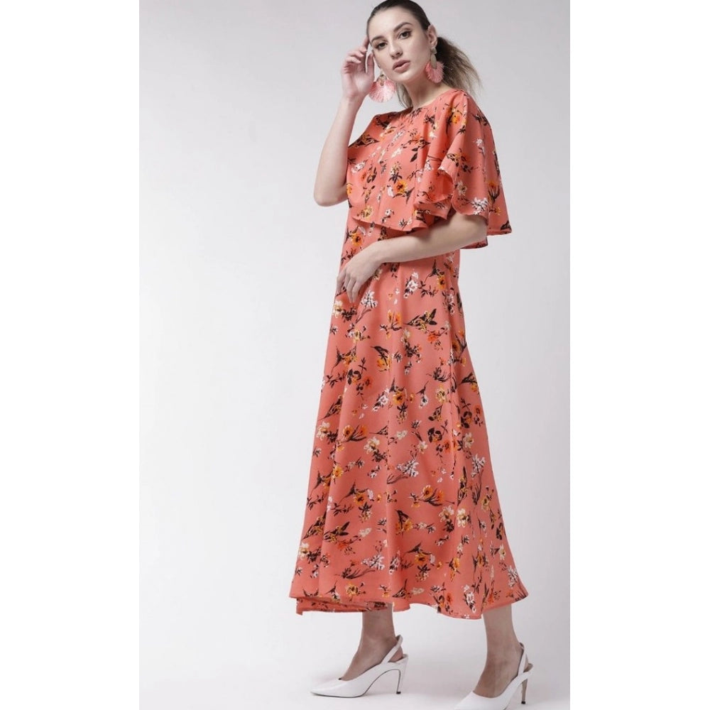 Orange crepe floral full-length women's gown