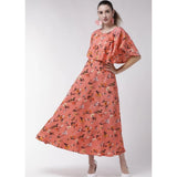 Orange crepe floral women's full length gown with half sleeves