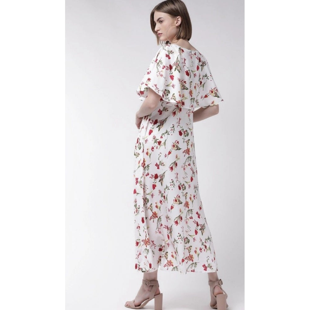 Women's long sleeve crepe floral gown white, with a V-neck and cold-shoulder sleeves