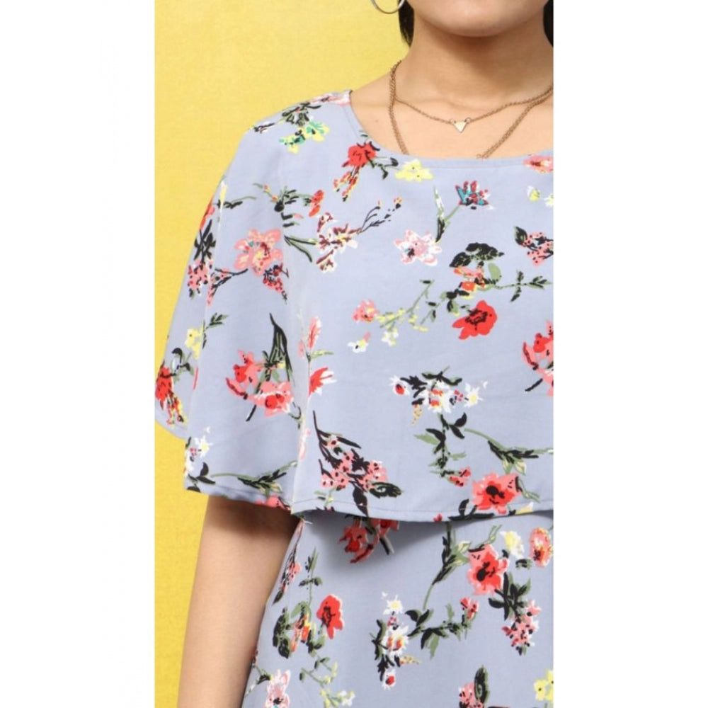 Light grey crepe floral full length women's gown with half sleeves