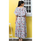 Light grey floral crepe long dress with half sleeves