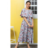 Women's light grey crepe floral long sleeved dress