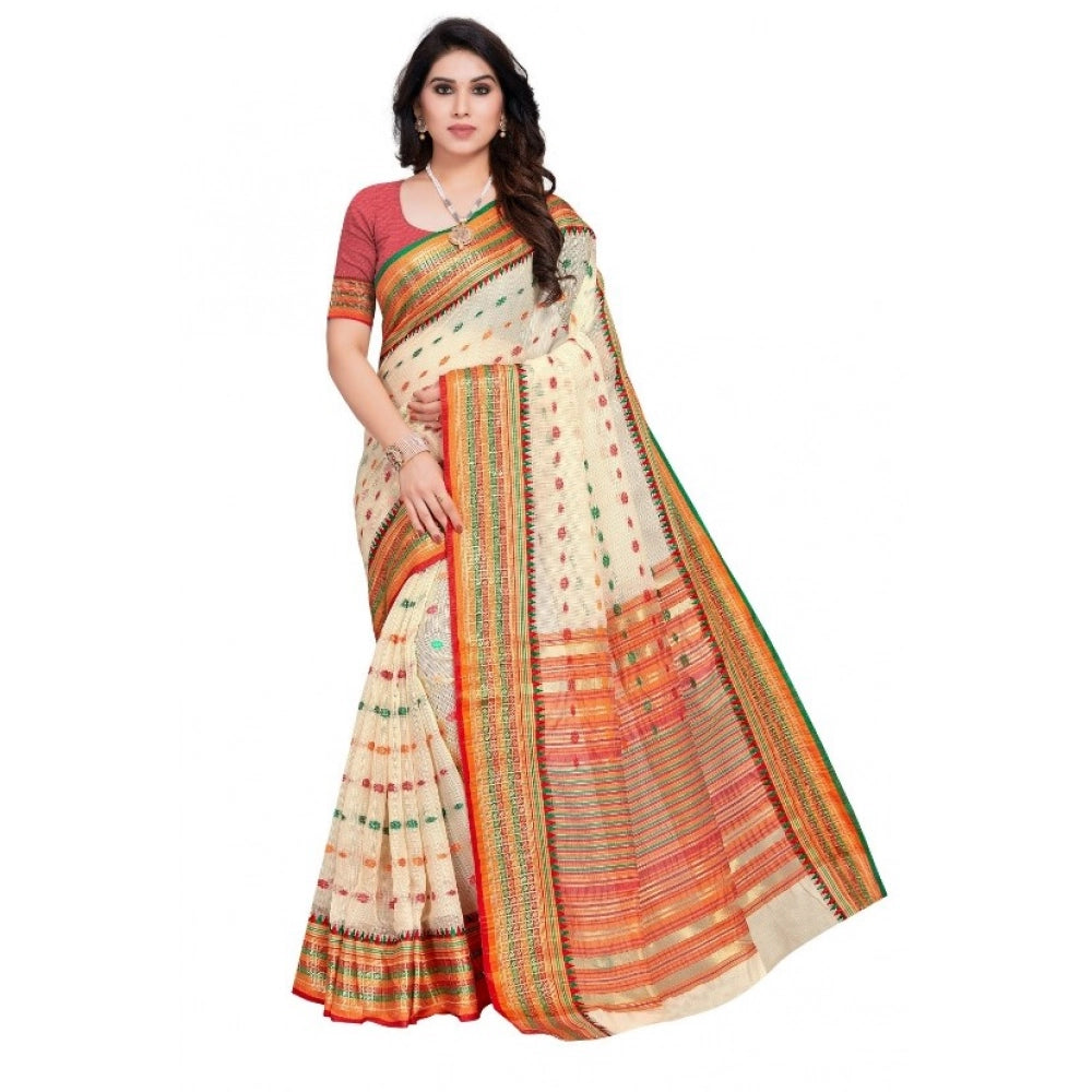 Cream cotton blended Kota Doria woven Butta saree with unstitched blouse for casual and festive wear (5-6 mtrs)