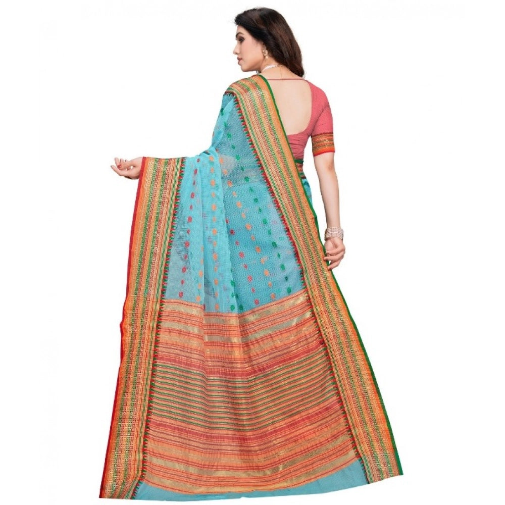 Sky Blue Kota Doria cotton-blend woven Butta saree with unstitched blouse for women, casual & festive wear