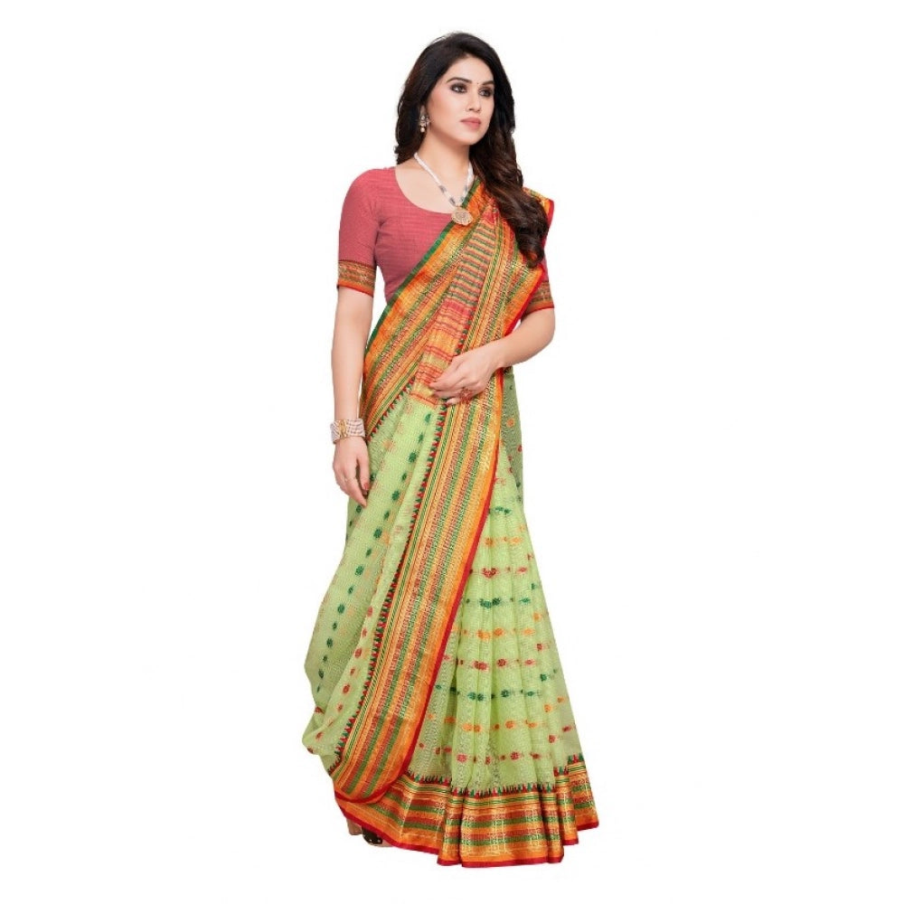 Light green Kota Doria cotton woven Butta saree with blouse, perfect for casual and festive wear for women