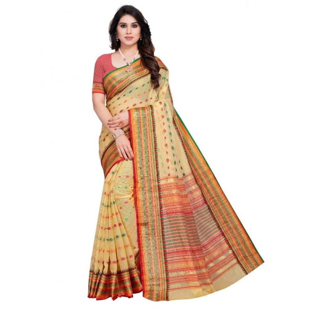 Beige Kota Doria cotton blend woven Butta saree with blouse (5-6 mtrs), suitable for casual and festive wear, women's traditional Indian outfit on mannequin