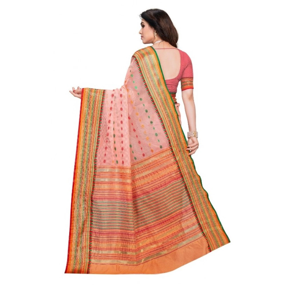 Peach cotton blend Kota Doria woven Butta saree with blouse for casual and festive wear (5-6 mtrs)