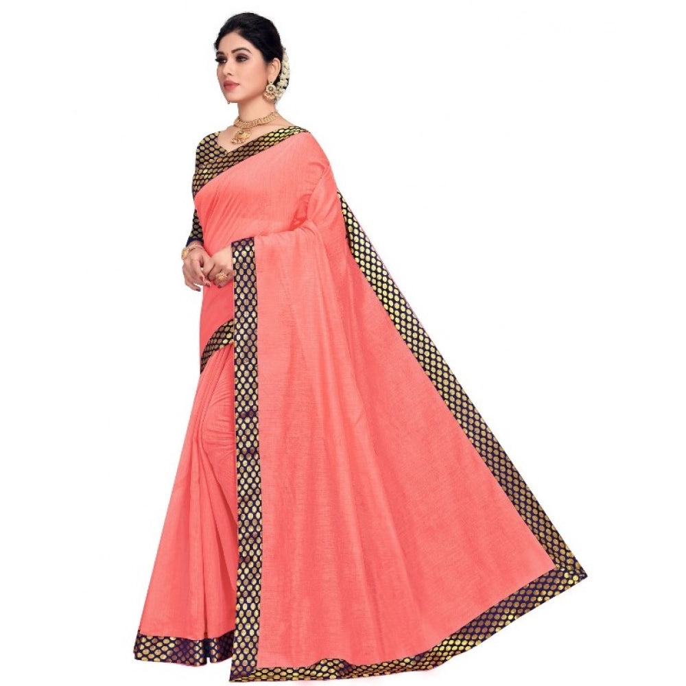 Peach Chanderi cotton lace border saree with blouse (5-6 mtrs), casual and festive wear for women