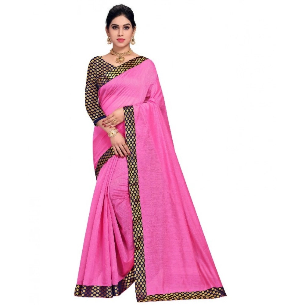 Pink Chanderi Cotton Lace Border Saree Set with Blouse (5-6 mtrs), traditional Indian wear for casual and festive occasions