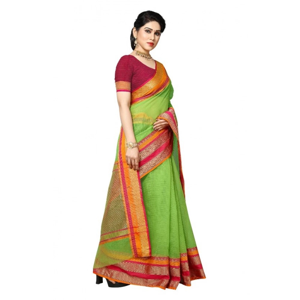 Light green Kota Doria cotton blend border saree with blouse for women's casual and festive wear, 5-6 meters length