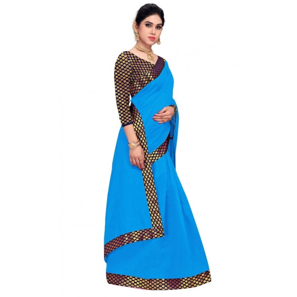 Sky blue Chanderi cotton lace border saree with blouse (5-6 mtrs), traditional Indian brocade and unstitched for casual and festive wear