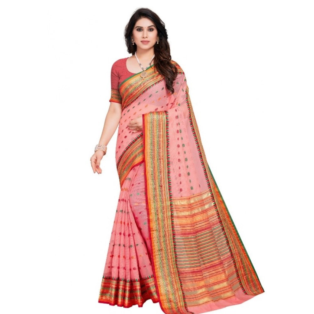 Pink Kota Doria cotton-blend woven Butta saree with unstitched blouse (5-6 mtrs), suitable for casual and festive wear for women