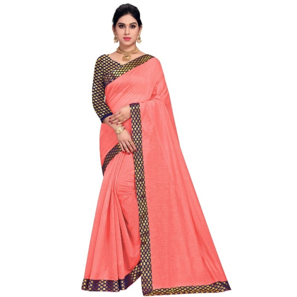 Peach Chanderi cotton lace border saree with blouse (5-6 mtrs), elegant brocade fabric for casual and festive wear