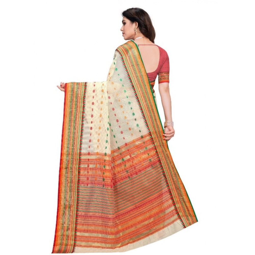 Cream cotton blend Kota Doria woven Butta saree with blouse for casual and festive wear, showcasing traditional Indian pattern