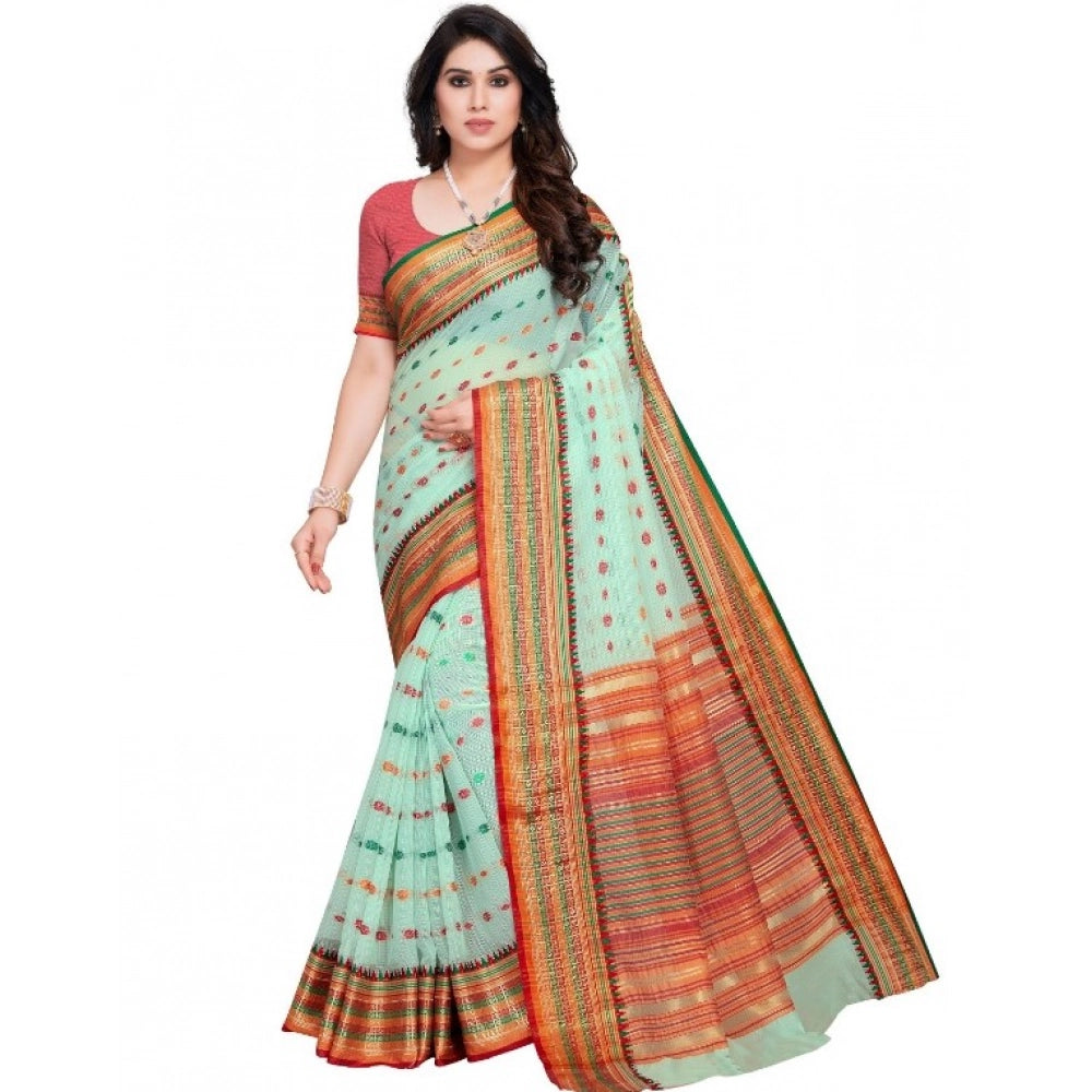 Pista cotton blend Kota Doria woven Butta saree with blouse, ideal for casual and festive wear, women's fashion accessory on hanger